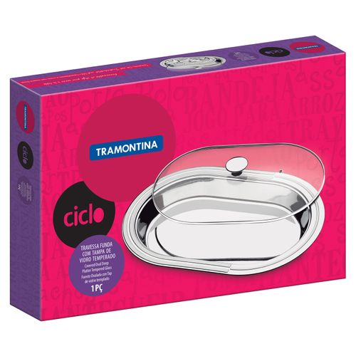 Travessa Funda Ciclo 45 cm em Aço Inox com Tampa de Vidro Tramontina