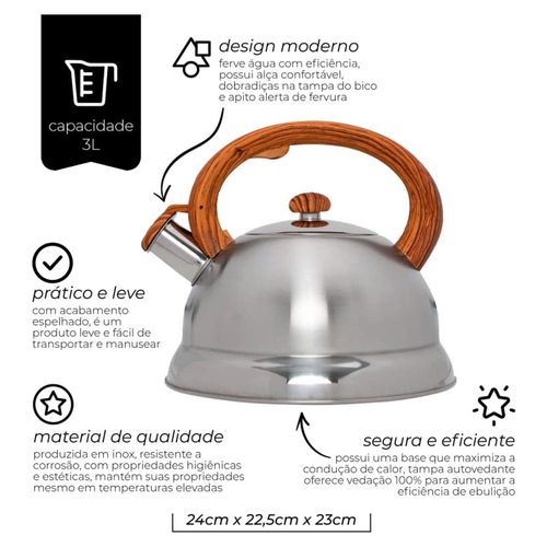 Chaleira Mimo Style em Aço Inox 3 litros com Alça de Bambu