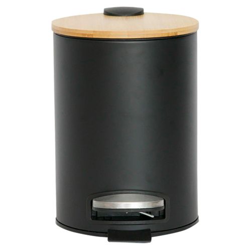Lixeira em Aço Inox Preta Mimo Style 5 Litros com Tampa Bambu