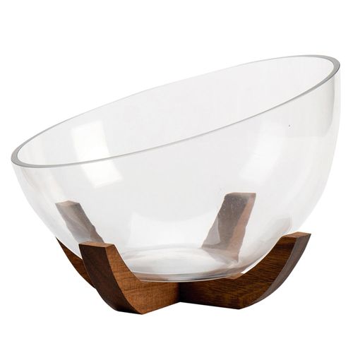 Saladeira Aclive de Vidro com Base Acacia Wood  Mimo Style 22 cm