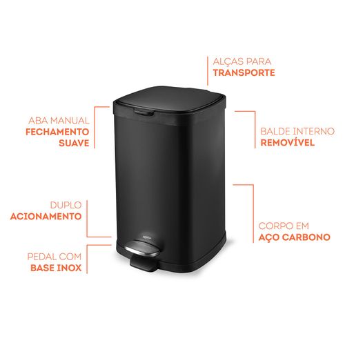 Lixeira Frame Brinox com Pedal 12 Litros em Aço Carbono Preto