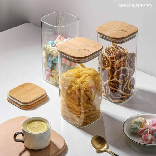 Pote de Vidro Quadrado 1,5 Litros Mimo Style com Tampa de Bambu