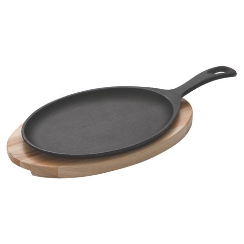 Grill Oval em Ferro Fundido Tramontina 30,5x18,5 cm com Base em Madeira Teca