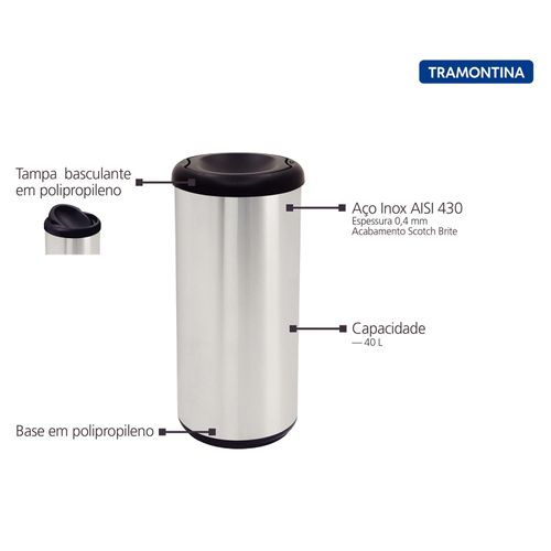 Lixeira Inox Tramontina 40 Litros com Tampa Basculante